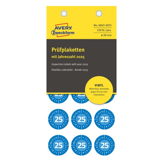 Pakkeillustration: Avery Zweckform Non A4 inspektionsmærkater, Varenr.: 6943-2025, Format: ⌀ 20 mm, Indhold: 120 inspektionsmærkater / 8 ark, 15 inspektionsmærkater/ark