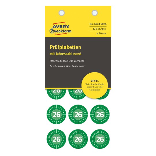 Pakkeillustration: Avery Zweckform Non A4 inspektionsmærker, Artikel: 6943-2026, Format: ⌀ 20 mm, Indhold: 120 inspektionsmærker / 8 ark, 15 inspektionsmærker/ark