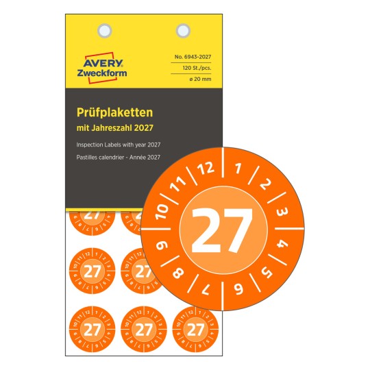 Pakkebillede med inspektionsmærkat: Avery Zweckform inspektionsmærkater, Artikel: 6943-2027, Format: ⌀ 20 mm, Indhold: 120 inspektionsmærkater / 8 ark, 15 inspektionsmærkater/ark.
