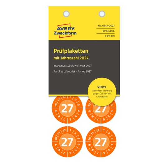 Pakkeillustration: Avery Zweckform Non A4 inspektionsmærker, Artikel: 6944-2027, Format: ⌀ 30 mm, Indhold: 80 inspektionsmærker / 10 ark, 8 inspektionsmærker/ark