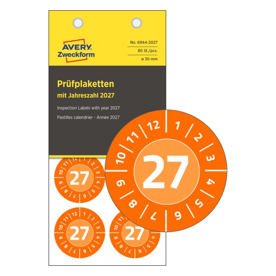Pakningsbillede med inspektionsmærkat: Avery Zweckform inspektionsmærker, artikel: 6944-2027, format: ⌀ 30 mm, indhold: 80 inspektionsmærker / 10 ark, 8 inspektionsmærker/ark.