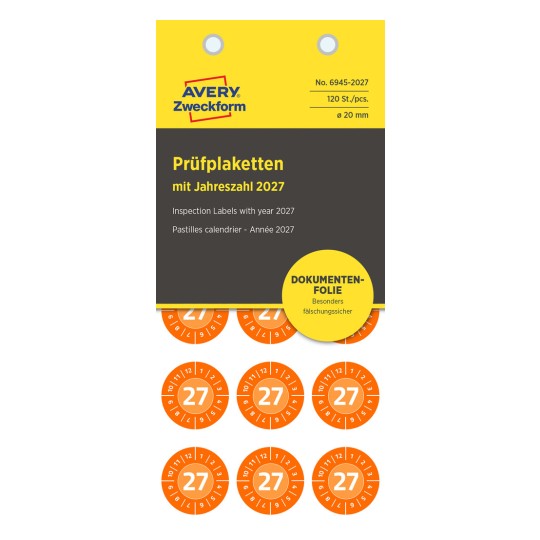 Pakning billede: Avery Zweckform Non A4 inspektionsmærker, Artikel: 6945-2027, Format: ⌀ 20 mm, Indhold: 120 inspektionsmærker / 8 ark, 15 inspektionsmærker/ark.