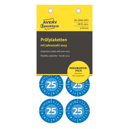 Pakkebillede: Avery Zweckform Non A4 inspektionsetiketter, Artikel: 6946-2025, Format: ⌀ 30 mm, Indhold: 80 inspektionsetiketter / 10 ark, 8 inspektionsetiketter/ark