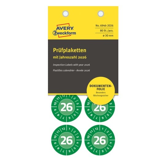 Emballagebillede: Avery Zweckform Non A4 kontrolmærkater, Artikel: 6946-2026, Format: ⌀ 30 mm, Indhold: 80 kontrolmærkater / 10 ark, 8 kontrolmærkater/ark