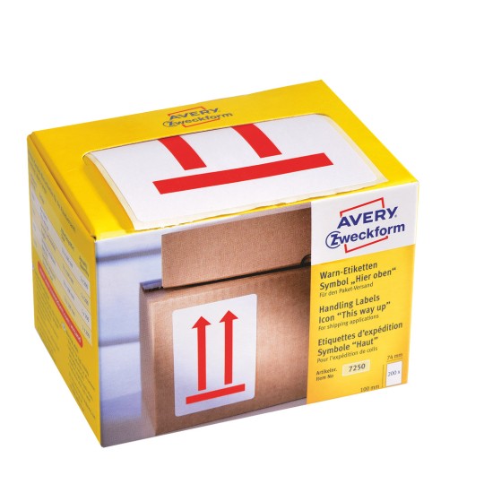 Pakningsbillede: Avery Zweckform advarselsmærkater, fortrykt, artikel: 7250, format: 74 x 100 mm, indhold: 1 etiket / 1 rulle, etiketter/rulle?