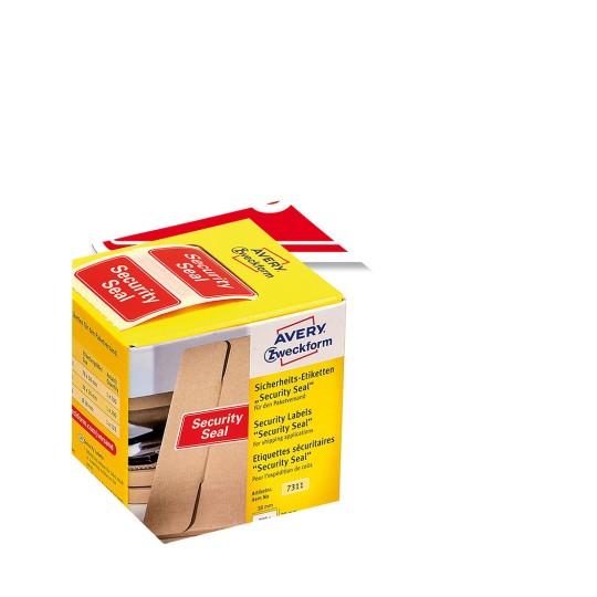 Pakningsbillede med etikettrulle: Avery Zweckform sikkerhedssegl, artikel: 7311, format: 38 x 20 mm, indhold: 200 etiketter / 1 rulle, 200 etiketter/rulle?