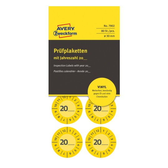 Pakningsbillede: Avery Zweckform Non A4 inspektionsmærkater, Artikel: 7902, Format: ⌀ 30 mm, Indhold: 80 inspektionsmærkater / 10 ark, 8 inspektionsmærkater/ark.