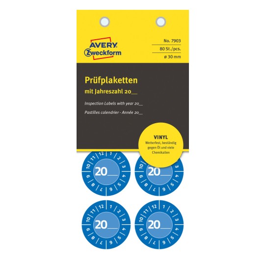 Pakkebillede: Avery Zweckform Non A4 inspektionsmærkater, Artikel: 7903, Format: ⌀ 30 mm, Indhold: 80 inspektionsmærkater / 10 ark, 8 inspektionsmærkater/ark