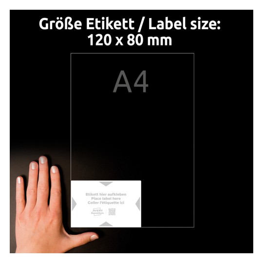 Størrelsessammenligning med hånd, Artikel: 8001-5, et ark bæreetiketter, format: 120 x 80 mm, farve: Hvid, Lysegrå?