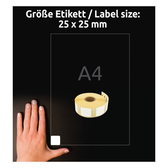 Størrelsessammenligning med hånd, Artikel: A1933083, et ark med rulleetiketter, format: 25 x 25 mm, farve: hvid?