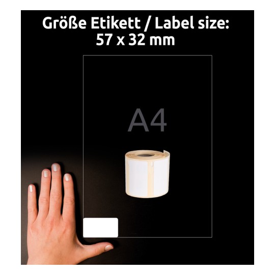 Størrelsessammenligning med hånd, Artikel: A1933084, et ark rulleetiketter, format: 32 x 57 mm, farve: Hvid?