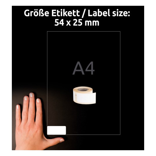 Størrelsessammenligning med hånd, artikel: A1976411, et ark rulleetiketter, format: 25 x 54 mm, farve: hvid?