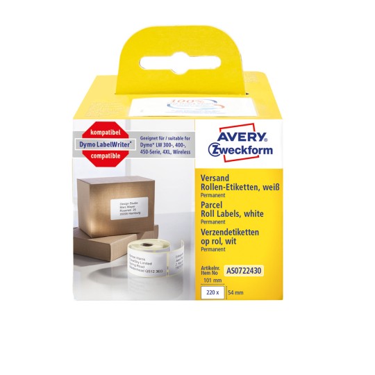 Pakningsbillede: Avery Zweckform, Varenummer: AS0722430, Format: 54 x 101 mm, Udskrivningsegnethed: Termodirekte printere, Dymo LabelWriter* 300-serie, 400-serie, 450-serie, 4XL, Wireless, Indhold: 220 etiketter / 1 rulle, 220 etiketter/rulle?