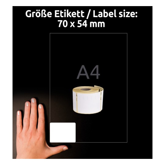 Størrelsessammenligning med hånd, Artikel: AS0722440, et ark rulletiketter, format: 54 x 70 mm, farve: hvid?