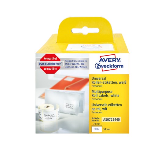 Pakkeillustration: Avery Zweckform, Artikel: AS0722440, Format: 54 x 70 mm, Printerkompatibilitet: Termodirektprintere, Dymo LabelWriter* 300-serie, 400-serie, 450-serie, 4XL, Wireless, Indhold: 320 etiketter / 1 rulle, 320 etiketter/rulle?