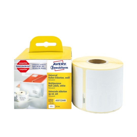 Emballagebillede med etiket rulle: Avery Zweckform rulleetiketter, artikel: AS0722440, format: 54 x 70 mm, print egnethed: termodirekte printer, Dymo LabelWriter* 300-serie, 400-serie, 450-serie, 4XL, trådløs, indhold: 320 etiketter / 1 rulle, 320 etiketter/rulle?