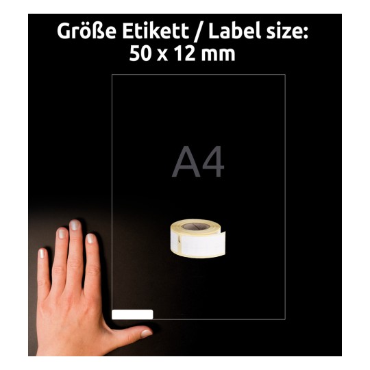 Størrelsessammenligning med hånd, Artikel: AS0722460, et ark rulletiketter, Format: 12 x 50 mm, Farve: Hvid?