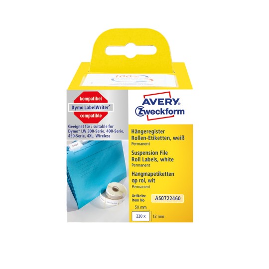 Pakningsbillede: Avery Zweckform, Artikel: AS0722460, Format: 12 x 50 mm, Printeregnethed: Termodirekte printer, Dymo LabelWriter* 300-serie, 400-serie, 450-serie, 4XL, Wireless, Indhold: 220 etiketter / 1 rulle, 220 etiketter/rulle?