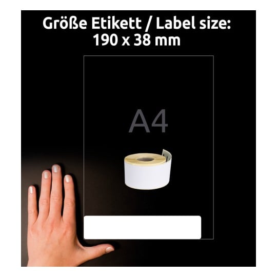 Størrelsessammenligning med hånd, Artikel: AS0722470, et ark rulletiketter, format: 38 x 190 mm, farve: Hvid?