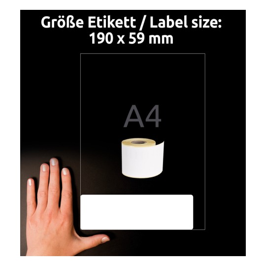 Størrelsessammenligning med hånd, artikel: AS0722480, et ark rulle-etiketter, format: 59 x 190 mm, farve: hvid?