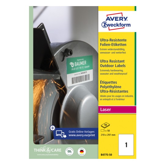 Pakningsbillede: Avery Zweckform Ultra Resistente Udendørsetiketter, Artikel: B4775-50, Format: 210 x 297 mm, Printeregnet: Laser s/h, Farvelaser, Indhold: 50 etiketter / 50 ark, 1 etiket/ark.