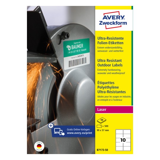 Pakningsbillede: Avery Zweckform Ultra Resistente Outdoor Etiketter, Artikel: B7173-50, Format: 99 x 57 mm, Udskriftskompatibilitet: Laser s/h, Farvelaser, Indhold: 500 etiketter / 50 ark, 10 etiketter/ark
