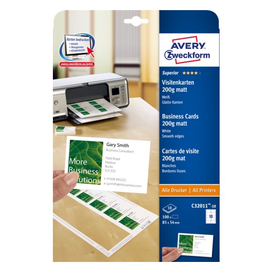 Pakkebillede: Avery Zweckform Alle Printere, Vare: C32011-10, Format: 85 x 54 mm, Printeregnethed: Inkjet, Farvelaser, Sort/hvid Laser, Kopimaskiner, Indhold: 100 kort / 10 ark, 10 kort/ark