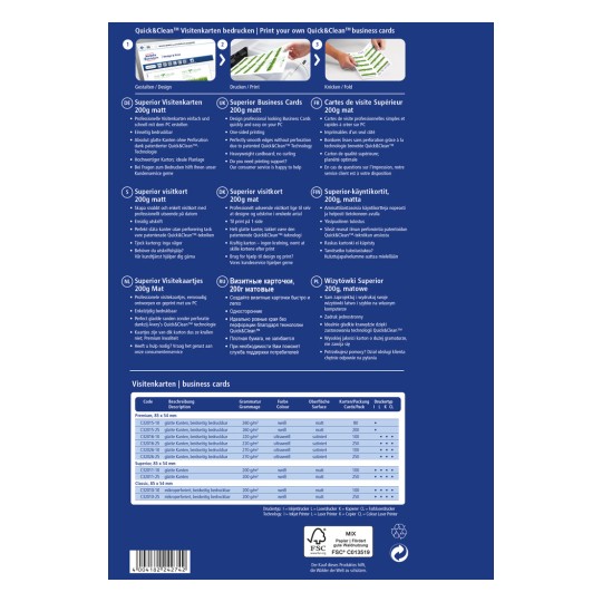 Billedet indeholder information om Quick&Clean visitkort, inklusive specifikationer, trykdetaljer og beskrivelser på forskellige sprog vedrørende produktets funktioner og fordele.