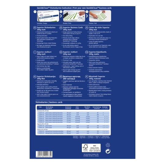 Billedet er en produktguide for Quick&Clean visitkort, der indeholder detaljer om trykmuligheder, materialer, dimensioner og forskellige sprog. Den fremhæver produktspecifikationerne og giver instruktioner til at designe og printe kort derhjemme.