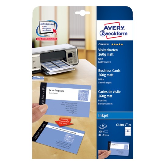 Pakningsbillede: Avery Zweckform Inkjet, Artikel: C32015-25, Format: 85 x 54 mm, Printeregnethed: Inkjet, Indhold: 200 kort / 25 ark, 8 kort/ark?