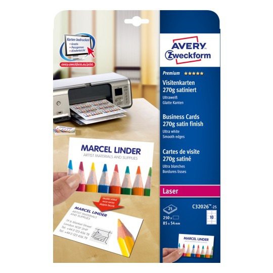 Pakkeillustration: Avery Zweckform Laser, Artikel: C32026-25, Format: 85 x 54 mm, Trykegnethed: Farvelaser, Laser s/h, Kopimaskine, Indhold: 250 kort / 25 ark, 10 kort/ark?