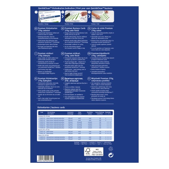 Billedet indeholder et produktinformationsark for Quick&Clean visitkort. Det beskriver forskellige specifikationer, formater og funktioner for premium visitkort tilgængelige til trykning, herunder materialer og størrelser på flere sprog.