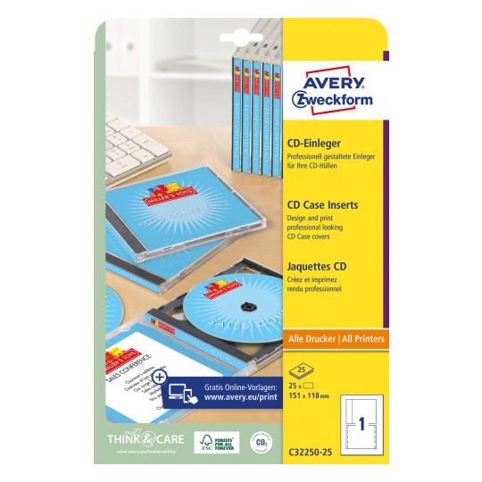 Pakkebillede: Avery Zweckform CD Indstiksark, Artikel: C32250-25, Format: 151 x 118 mm, Udskrivningsegnethed: Inkjet, Laser s/h, Farvelaser, Indhold: 25 ark, /ark?