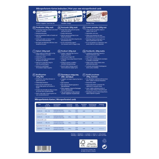 En informationsgrafik om udskrivning af mikroperforerede kort, med instruktioner og detaljer på flere sprog om postkortspecifikationer, herunder dimensioner, vægt og udskriftstips.