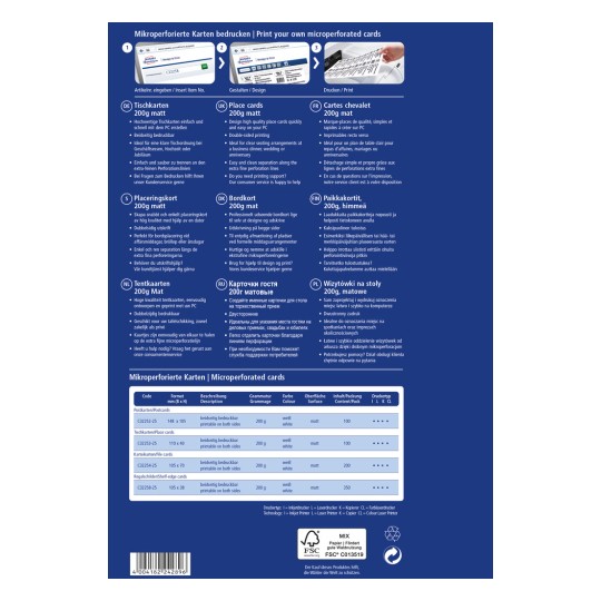 Billedet er en flersproget guide til udskrivning af mikroperforerede kort, der beskriver produkter som bordkort, hyldekanter og bordkort, inklusive specifikationer som størrelse, vægt og udskrivningsinstruktioner.