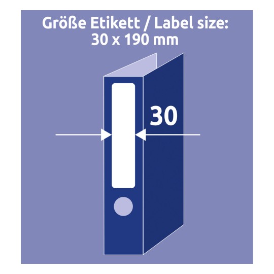 Størrelsessammenligning med hånd, Artikel: C32266-10, et ark med indsætningsmærker til mapper, hjemmekontor, lille pakke, format: 30 x 190 mm, farve: hvid?