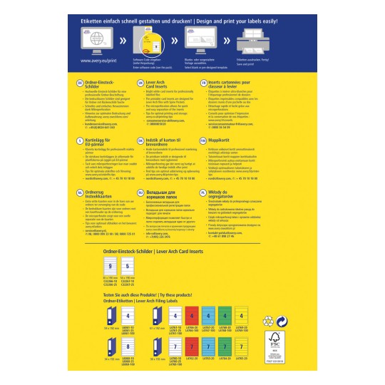 Billedet viser en flersproget annonce for Avery indsætningskort til ringbind. Det inkluderer produktspecifikationer, printtips og kontaktinformation. Forskellige produktmuligheder vises med dimensioner og modelnumre, sammen med visuelle prøver af indsætningskortene.