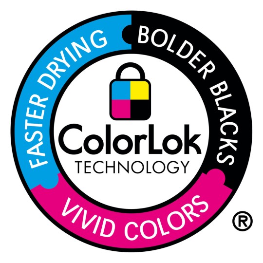 Billedet viser ColorLok Technology-logoen, som fremhæver funktioner som hurtigere tørring, mere intense sorte og levende farver. Logoet er cirkulært med distinkte sektioner for hver funktion og inkluderer et hængelåssymbol.