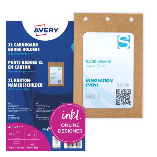 Pakkeillustration med kortark: Avery Zweckform navneskilte-lommer store, Artikel: 4839XL, Format: 105 x 148 mm, Udskrivningsegnet: Sort/hvid laser, farvelaser, inkjet, laser, Indhold: 50 navneskilte / 52 indstikskilte / 13 ark, /ark?