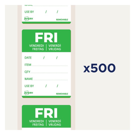 Billedet viser etiketter designet til organisering, der angiver 'FRE' og relaterede informationssektioner, med en antal på 'x500'. Etiketterne har et grønt farveskema.