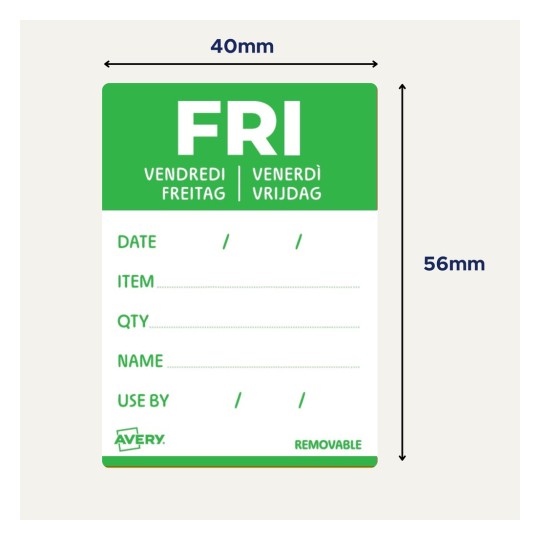 En aftagelig etiket med felterne 'Dato', 'Vare', 'Antal', 'Navn' og 'Bruges inden', mærket med 'FRI' på flere sprog.