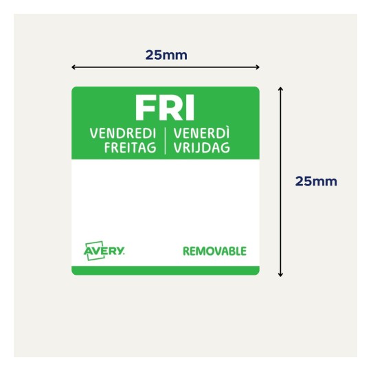 En kvadratisk label, der måler 25mm, med ordet 'FRI' i hvid tekst på en grøn baggrund, med oversættelser på flere sprog og en aftagelig klæbeseddel.
