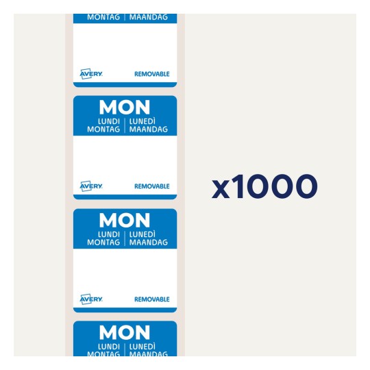 Billedet viser en stak aftagelige etiketter for mandag på flere sprog, med en samlet mængde på 1000 etiketter. Hver etiket har et blåt design og Avery-logoet.