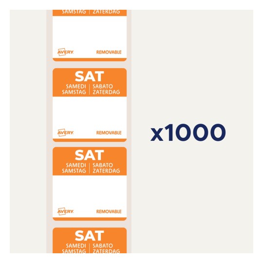 Billedet viser aftagelige etiketter med ordet 'LØR' i orange, med oversættelser på forskellige sprog. Det angiver en mængde på 1000.