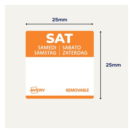 Et orange mærkat fremhæver 'LØR' på flere sprog: fransk, tysk, hollandsk og italiensk, der angiver, at det er et aftageligt klistermærke fra Avery, der måler 25mm x 25mm.