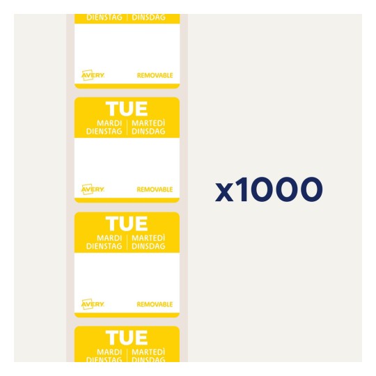 Billedet viser et ark med aftagelige etiketter til tirsdag på flere sprog, herunder engelsk, tysk, fransk og dansk, med en note der angiver, at der er 1000 etiketter.