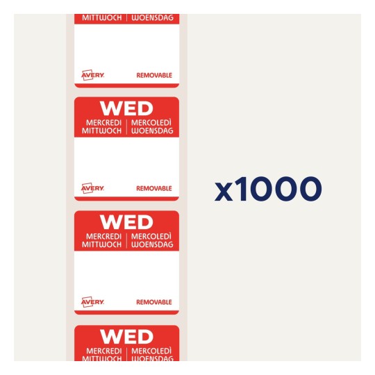 Billedet viser aftagelige etiketter, der angiver 'onsdag' på flere sprog. Det ser ud til, at der er mange etiketter pr. ark, i alt 1000 etiketter.