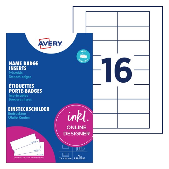 Et billede af Avery-navneskiltindretningspakning. Det indeholder detaljer om udskrivbare navneskilte og viser et layout for 16 indsatser pr. ark.