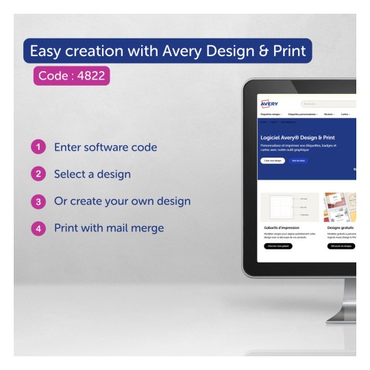 Billedet viser en computerskærm med Avery Design & Print-softwaren, med instruktioner for nem oprettelse. Det oplister trin: indtast softwarekode, vælg et design, opret dit eget design, og udskriv med brevfletning.