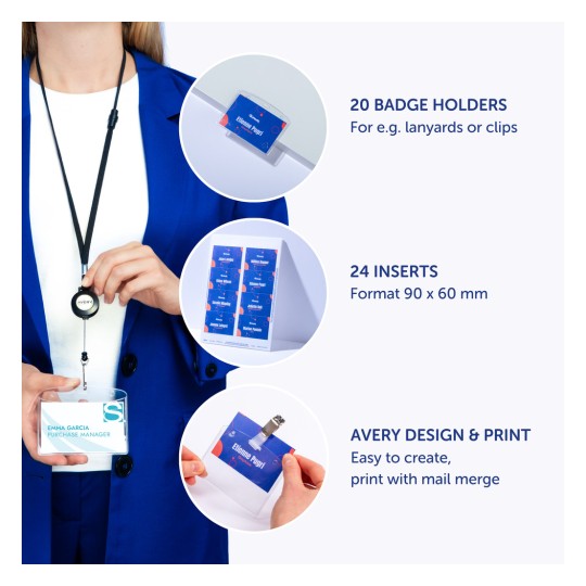 Billedet viser en kvinde i en blå blazer, der holder en kortholder med et synligt navn og titel. Omkringliggende billeder viser kortholdere, indsætninger og information om design- og printmuligheder.